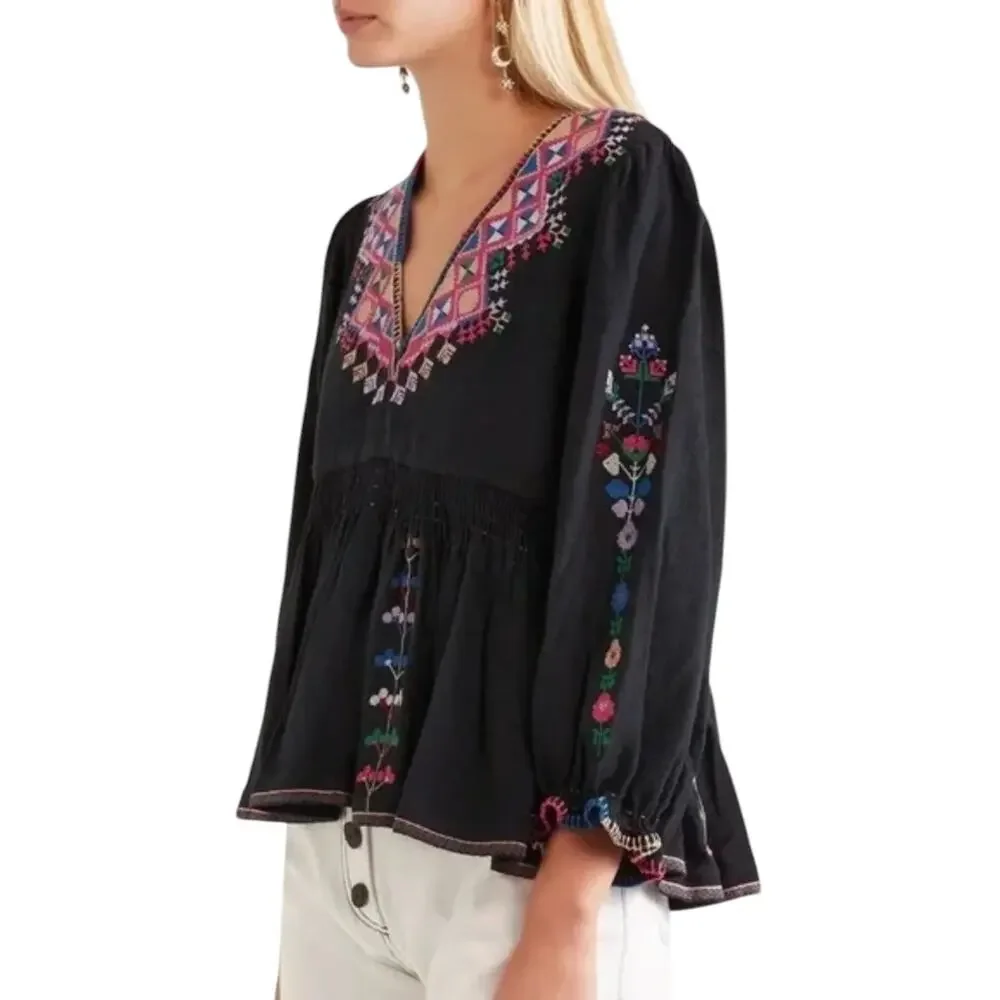 Ulla Johnson Black Maja Embroidered Peplum Peasant Blouse